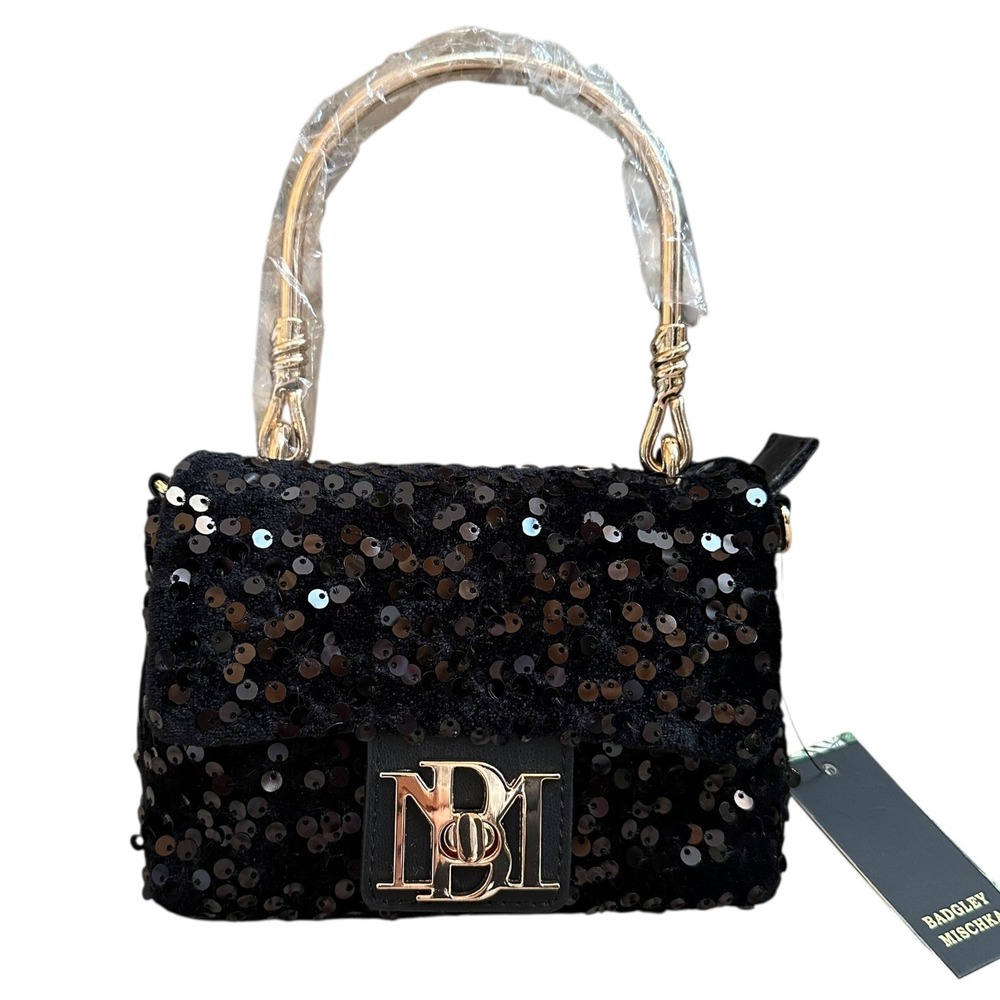 Badgley Mischka Black Sequin Metal Handle Bag BMH 535 Vegan Leather MSRP 120